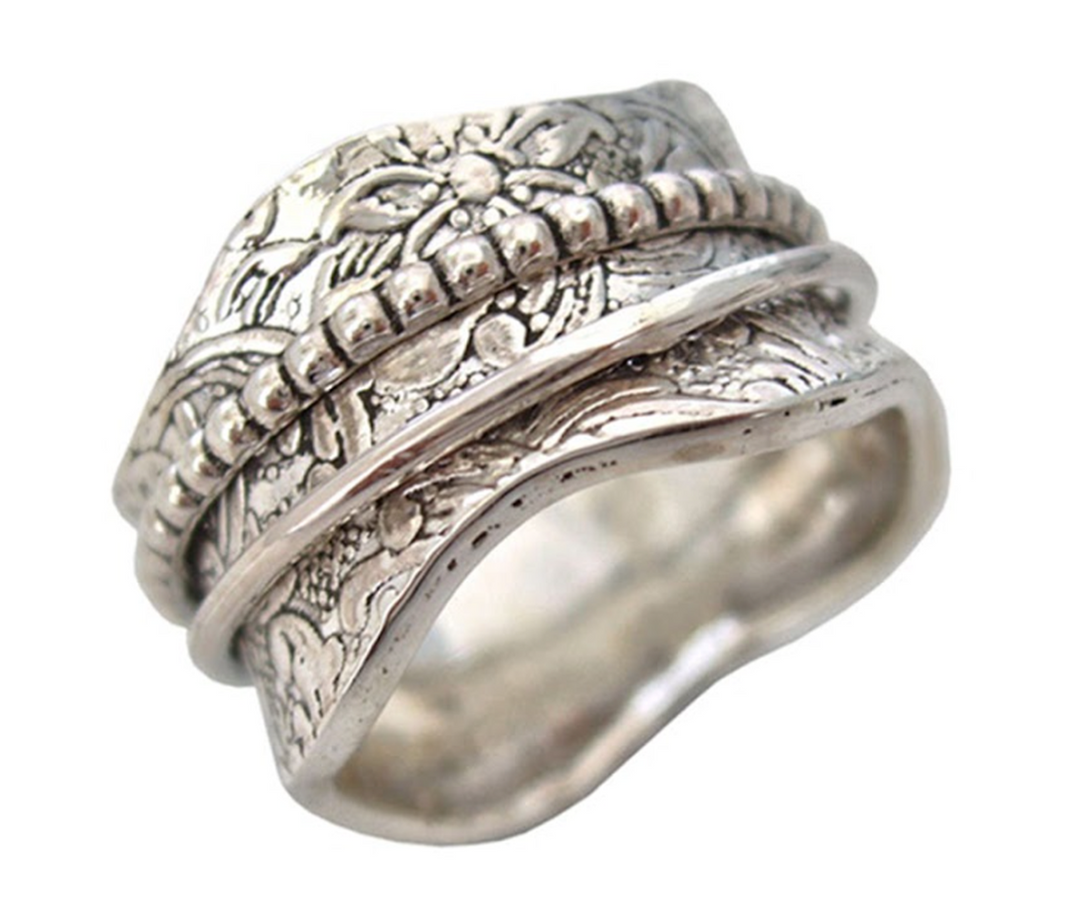 ARTISAN 925 Silver Fidget Spinner Ring Roll Pressed Floral Base Ring Silver Spinners