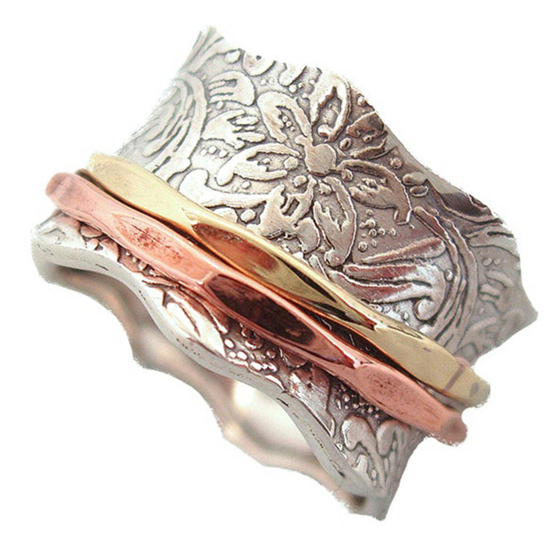 BALANCE AND BEAUTY 925 Silver Fidget Spinner Ring Romantic Beauty Roll Pressed Floral Base Ring
