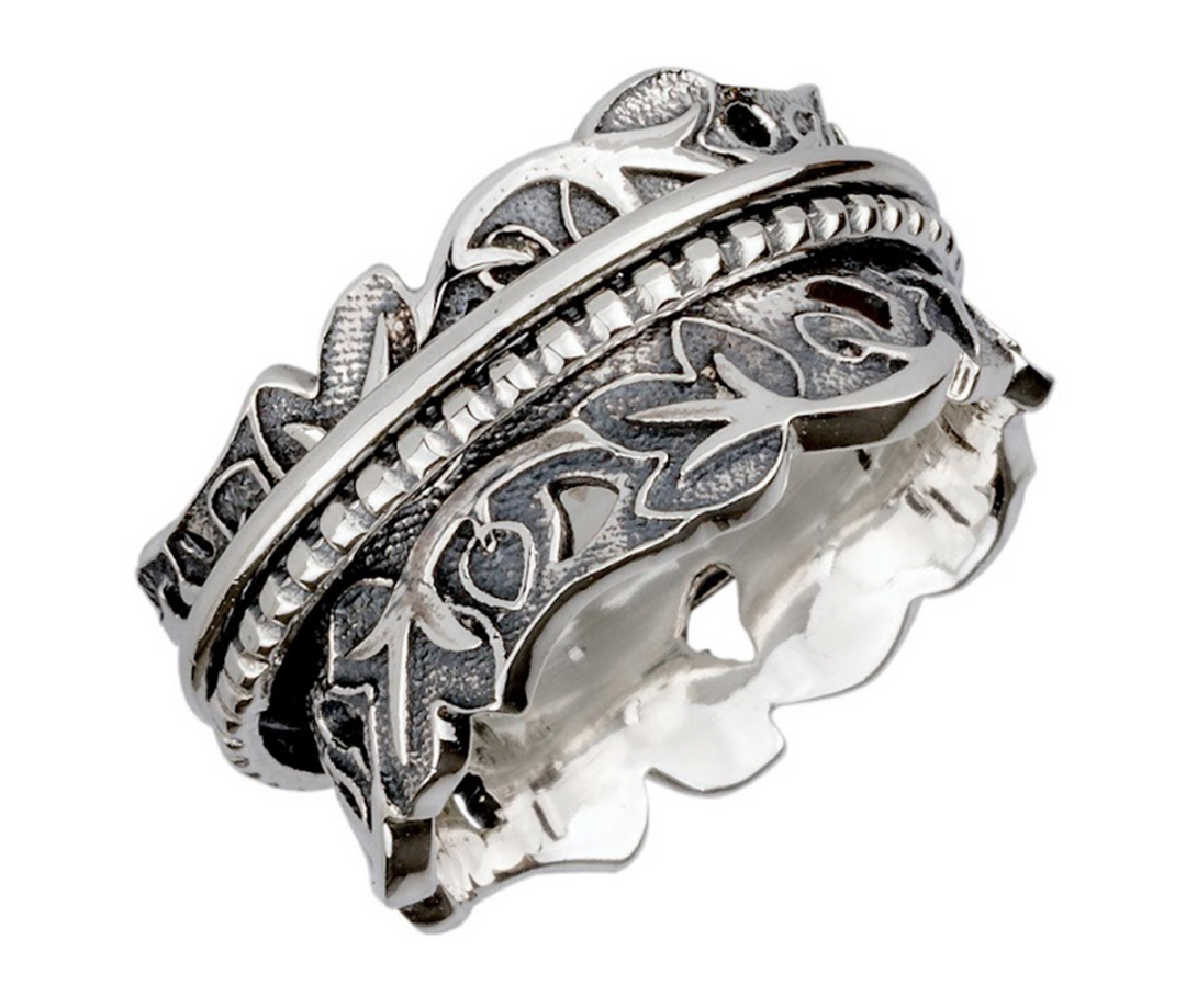 JOY & ABUNDANCE 925 Silver Fidget Spinner Ring Climbing Vine Leaves Meeting the Light