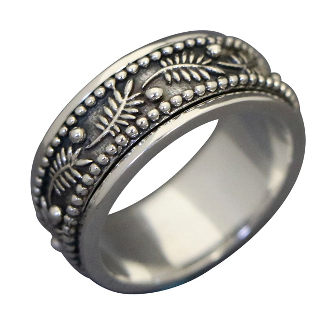 PALM LEAF 925 Silver Meditation Spinner Ring 3D Palm Leaf Spinner Band Spins Smoothly In Track