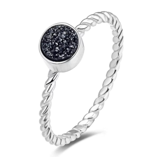 SIMPLY DRUSY Round Black Drusy Quartz 925 Silver Stacking Ring