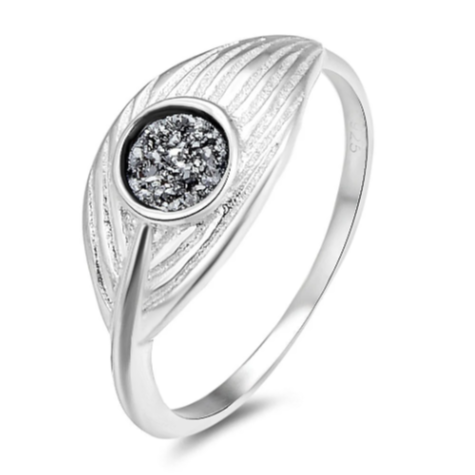 DRUSY ON FEATHER 925 Sterling Silver Round Black Drusy Quartz Stone Stacking Ring