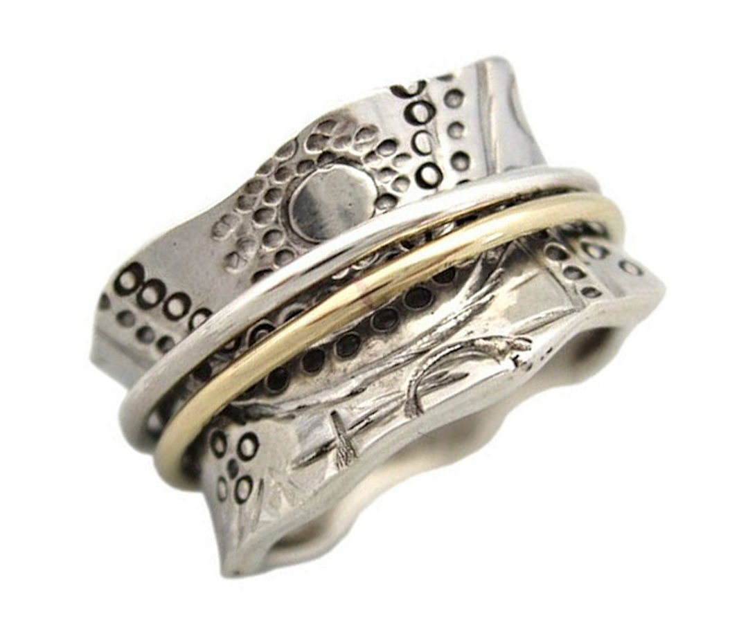 SUN WORSHIP 925 Silver Meditation Spinner Ring Sun Symbols Engraved Base Ring Two Color Spinner Band