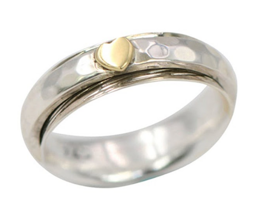 SIMPLE HEART 925 Silver Fidget Spinner Ring Sweet Sixteen Heart Of Gold Accent On Spinner Band