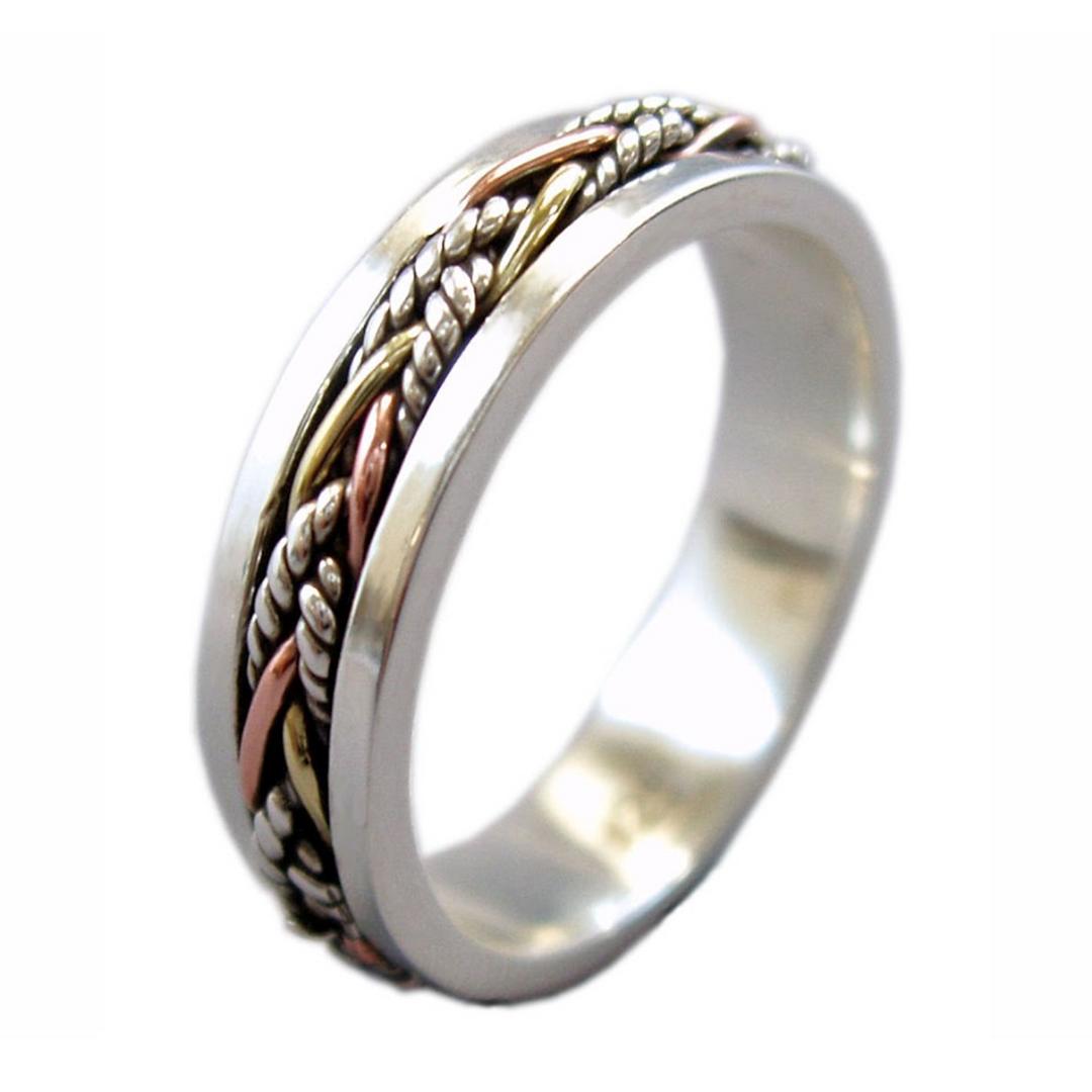 TWINE 925 Silver Fidget Ring Unisex Braided Tri-Color Spinner Band Your Go To Fidget Spinner Ring