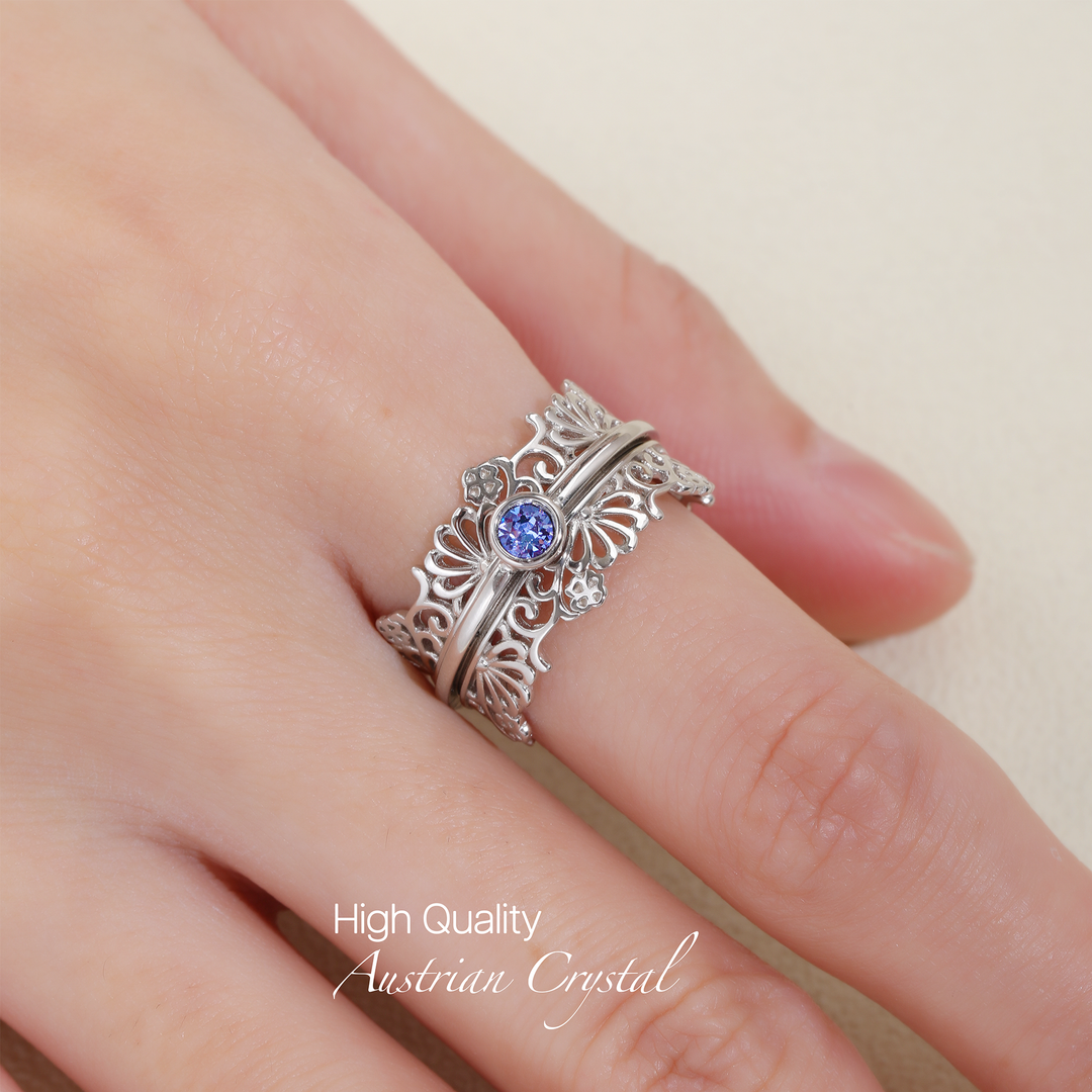WILDFLOWERS 925 Silver Fidget Ring Beautiful Silver Lacework Light Sapphire Austrian Crystal