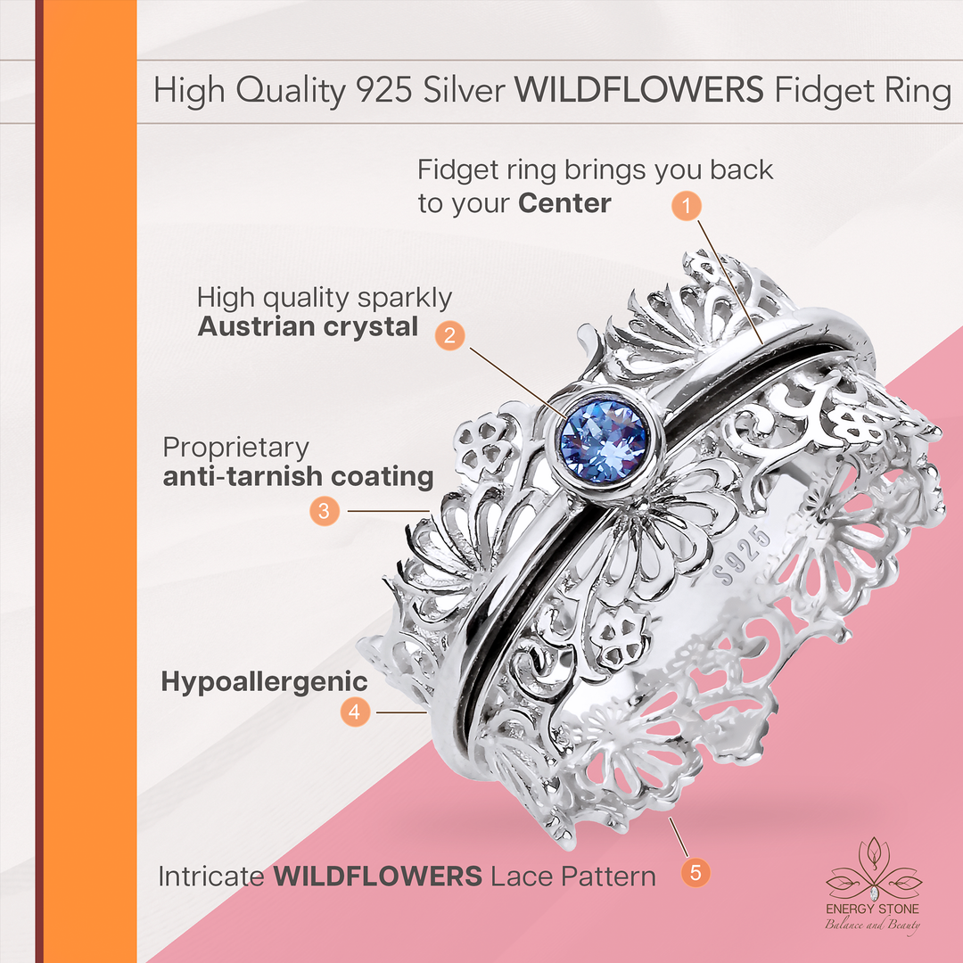 WILDFLOWERS 925 Silver Fidget Ring Beautiful Silver Lacework Light Sapphire Austrian Crystal