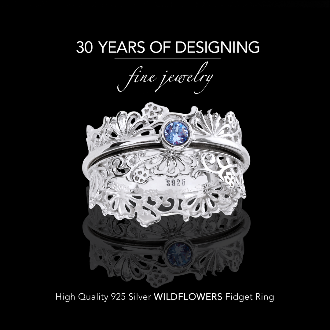 WILDFLOWERS 925 Silver Fidget Ring Beautiful Silver Lacework Light Sapphire Austrian Crystal