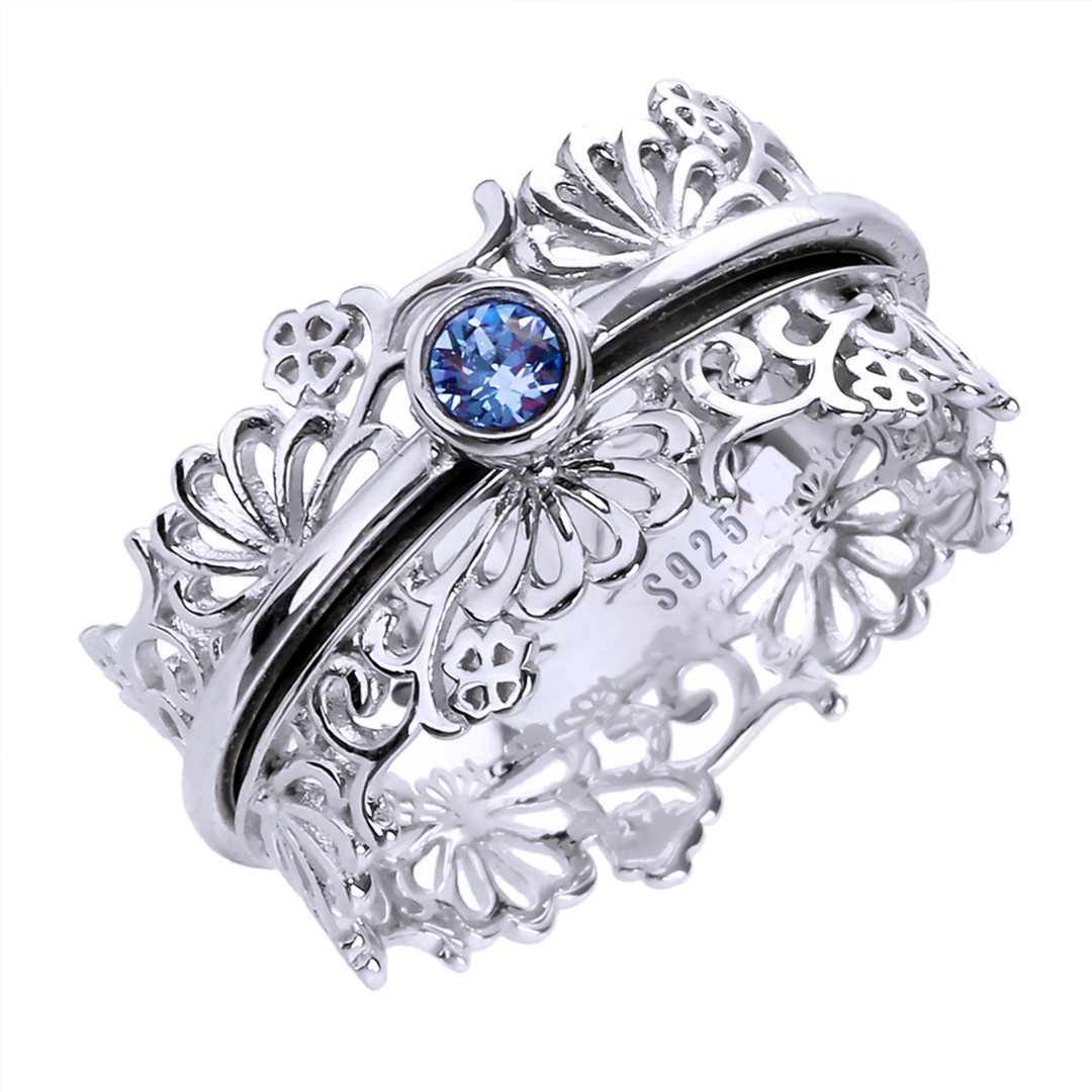 WILDFLOWERS 925 Silver Fidget Ring Beautiful Silver Lacework Light Sapphire Austrian Crystal