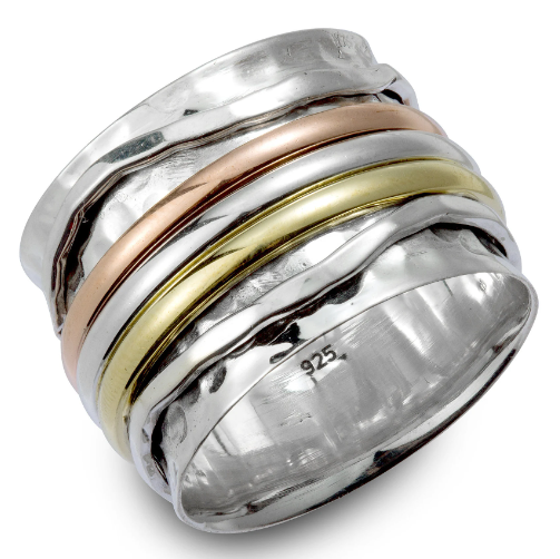 ELEGANCE 925 Silver Spinner Ring Tri Color Spinners on Hammered Pattern Silver Base Ring
