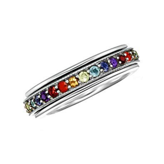 Energy Stone “SEVEN CHAKRAS” High Polish Sterling Silver Meditation Spinner Ring