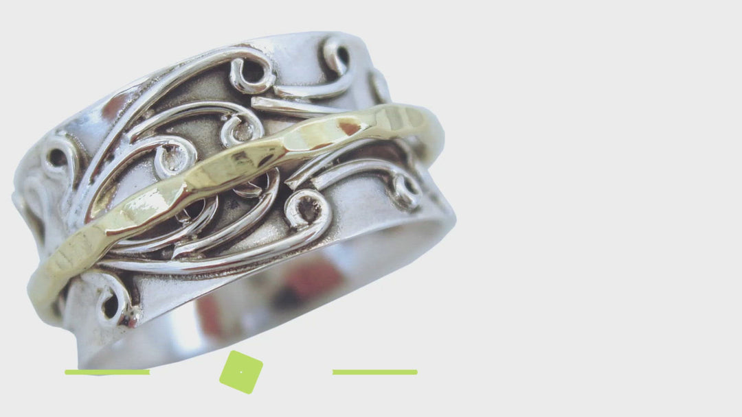 RADHA 925 Silver Meditation Spinner Ring Rolling Scrolls Silver Base Ring Bronze Spinner Band
