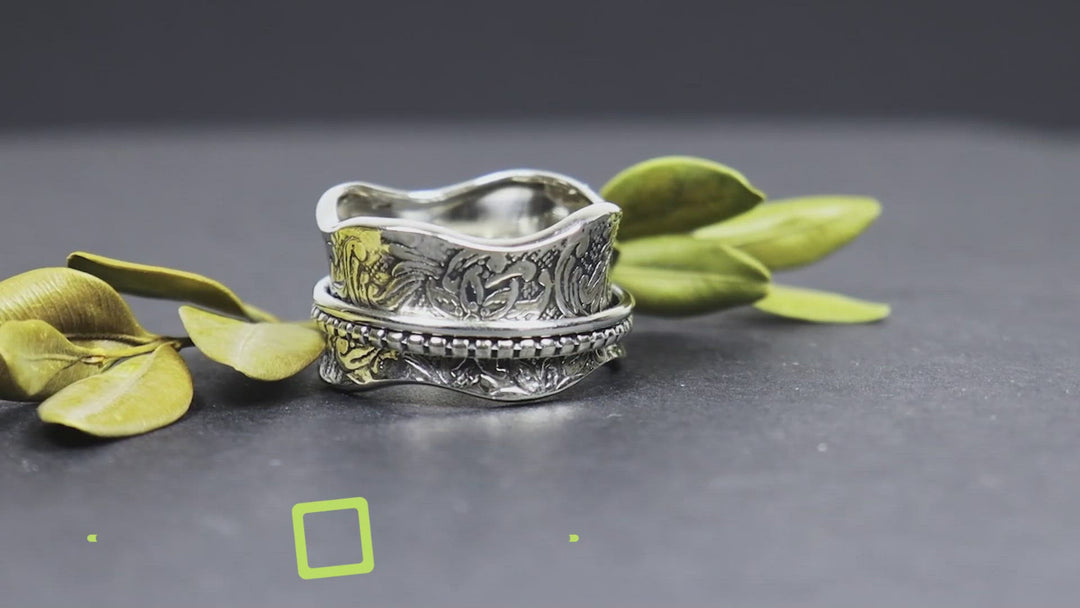 ARTISAN 925 Silver Fidget Spinner Ring Roll Pressed Floral Base Ring Silver Spinners