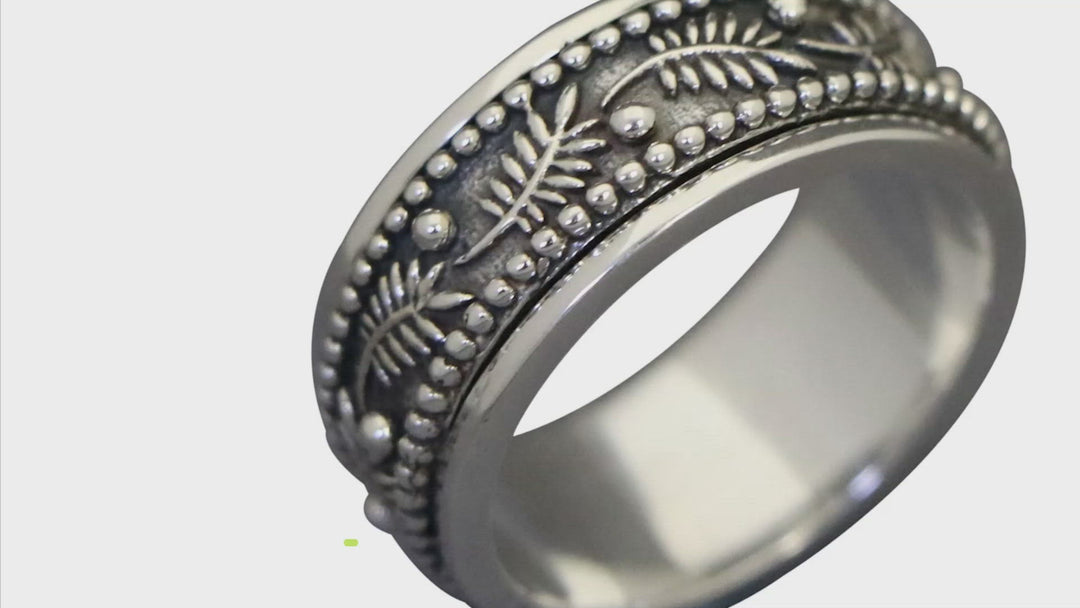 PALM LEAF 925 Silver Meditation Spinner Ring 3D Palm Leaf Spinner Band Spins Smoothly In Track