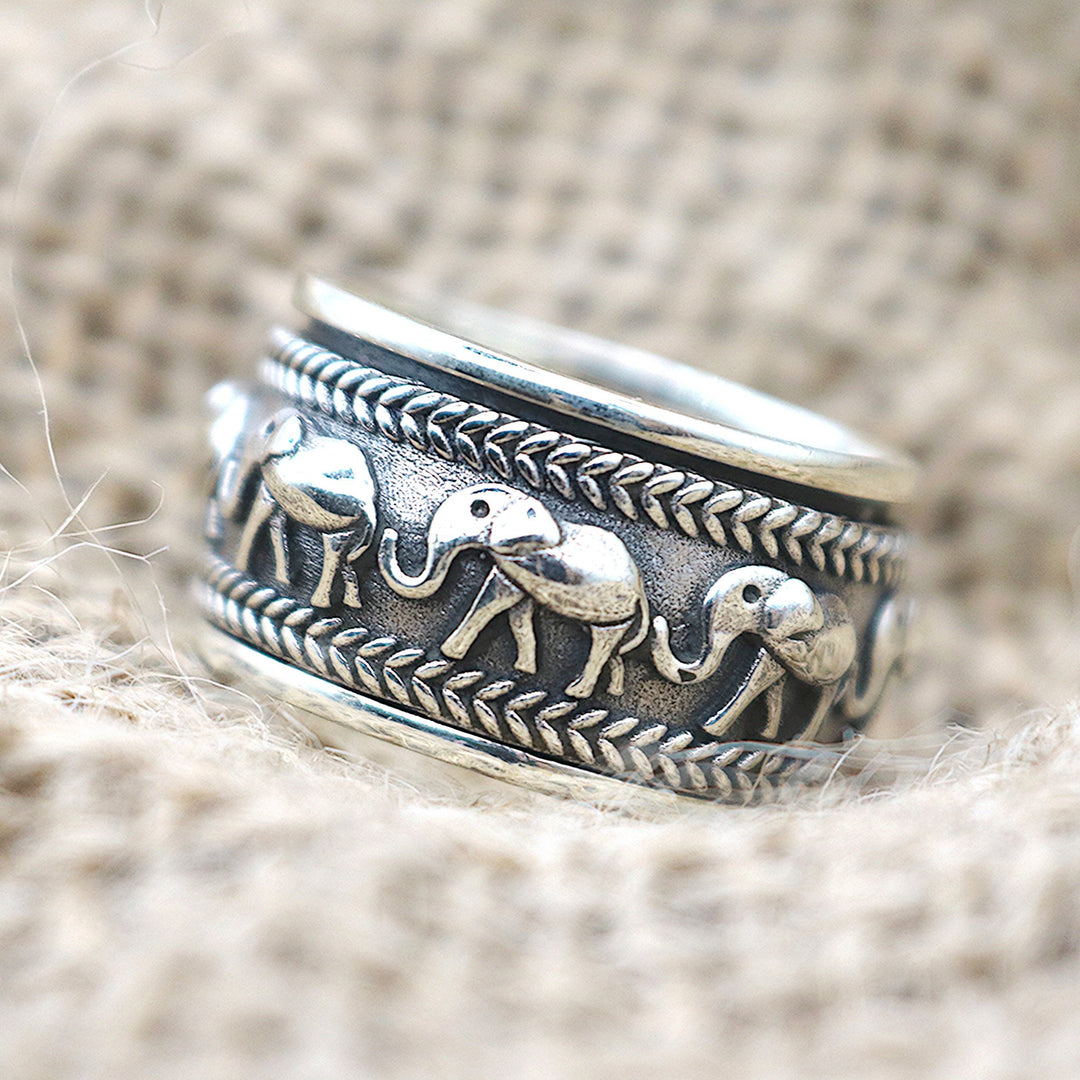 Elephant Herd Sterling Silver Spinner Ring