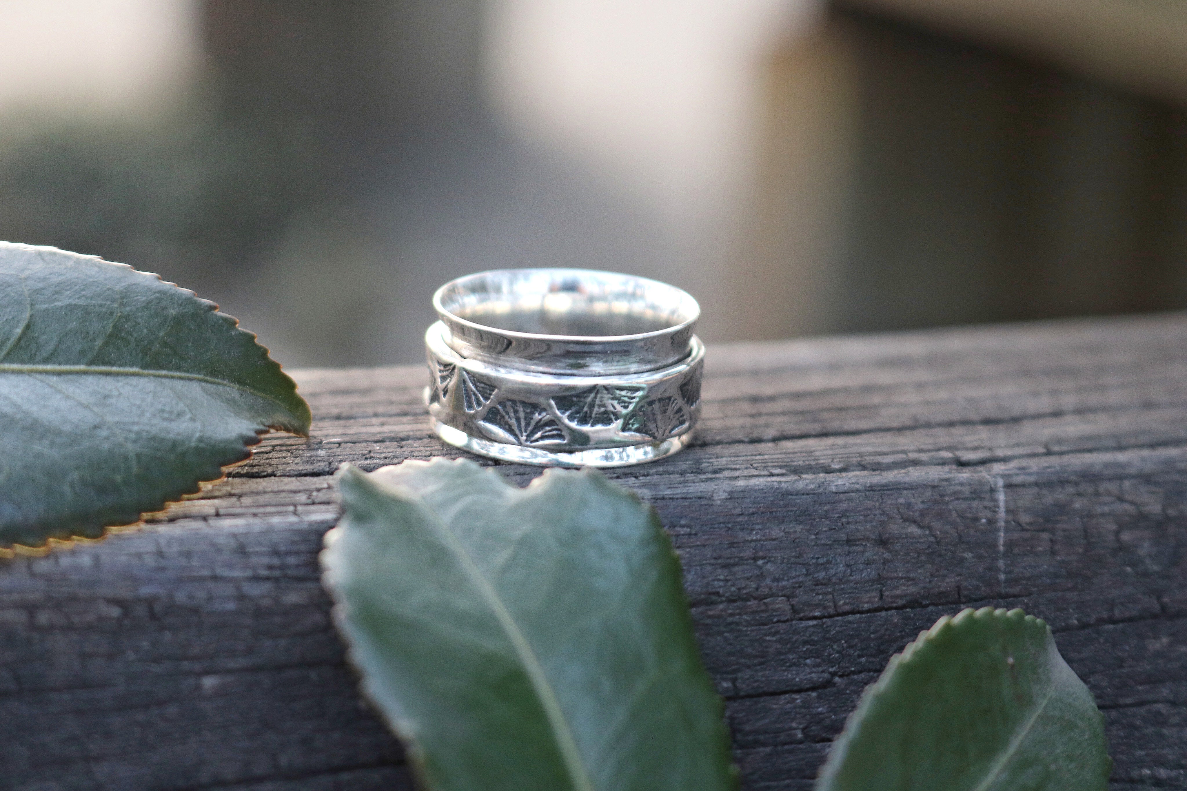 Ginkgo Healer Meditation Spinner Ring Sterling Silver