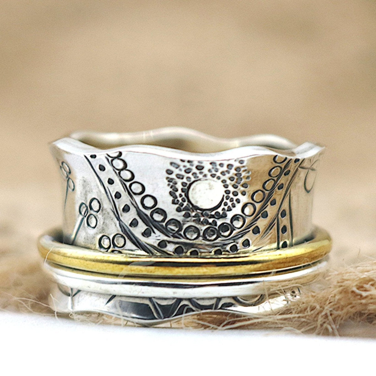 Aquamarine Solid 925 Sterling Silver Spinner Ring Handmade Hammered