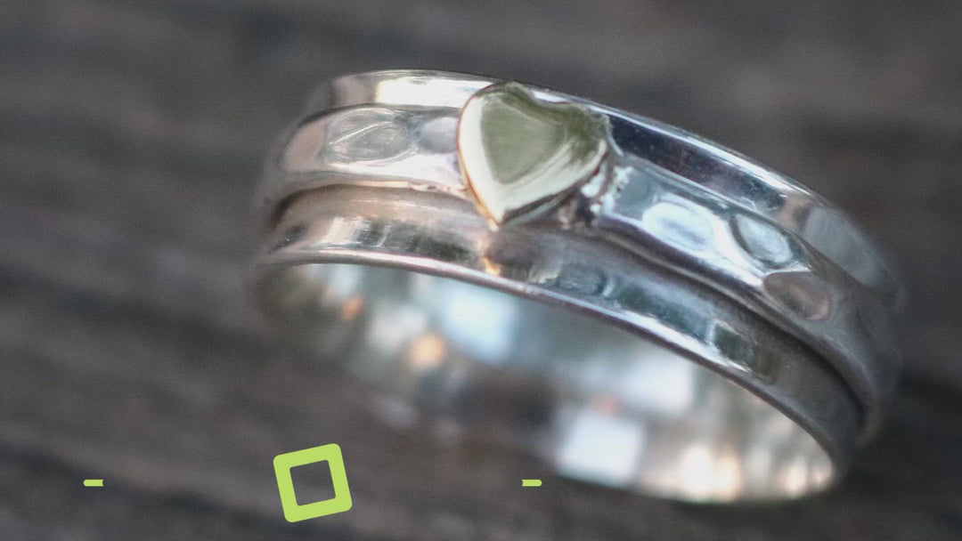 SIMPLE HEART 925 Silver Fidget Spinner Ring Sweet Sixteen Heart Of Gold Accent On Spinner Band
