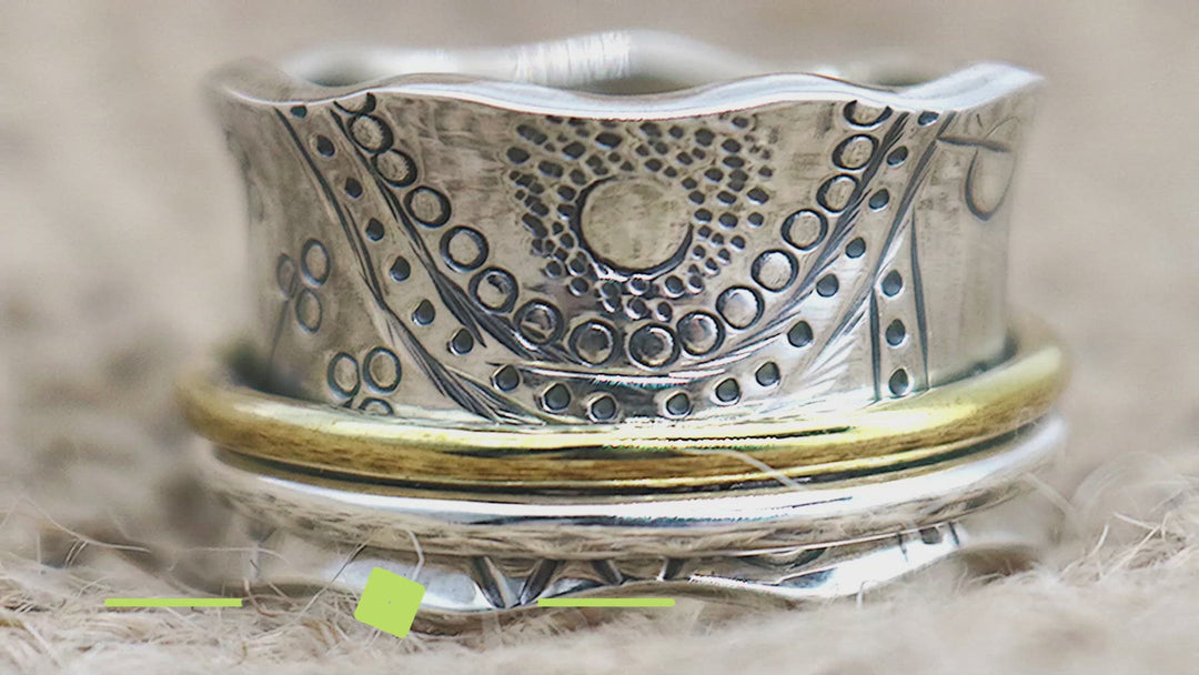 SUN WORSHIP 925 Silver Meditation Spinner Ring Sun Symbols Engraved Base Ring Two Color Spinner Band