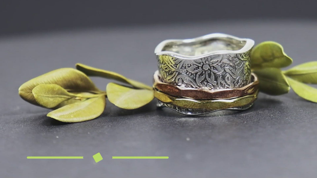 BALANCE AND BEAUTY 925 Silver Fidget Spinner Ring Romantic Beauty Roll Pressed Floral Base Ring