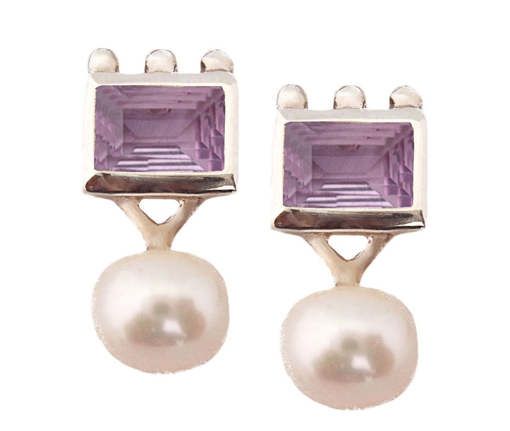 6x8mm Genuine Gemstone & 5x8mm Button Fresh Water Pearl Sterling Silver Earring Design by Viola So
