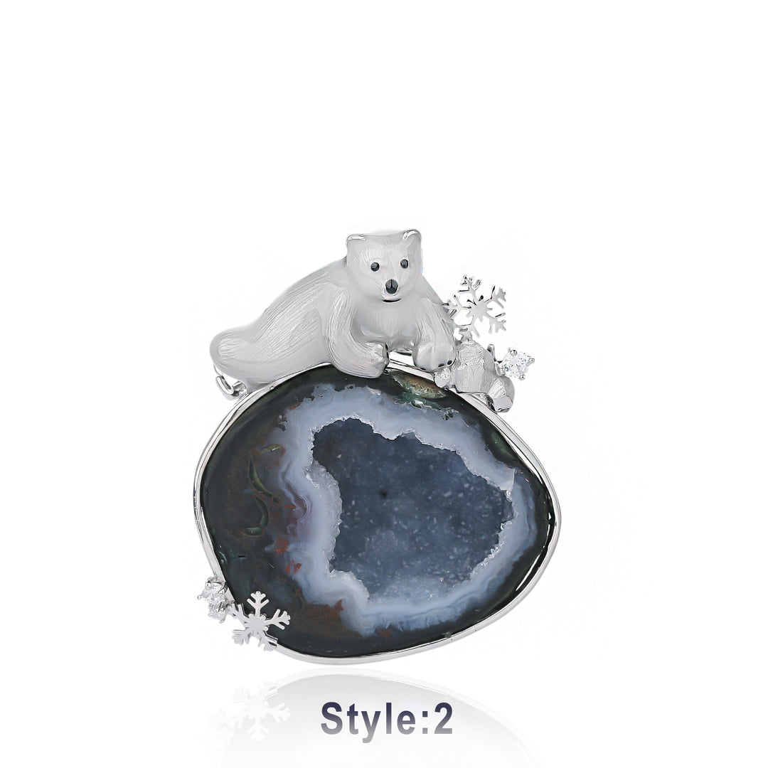 Energy Stone Sterling Silver POLAR BEAR on Drusy Agate Pendant/Brooch MOP02