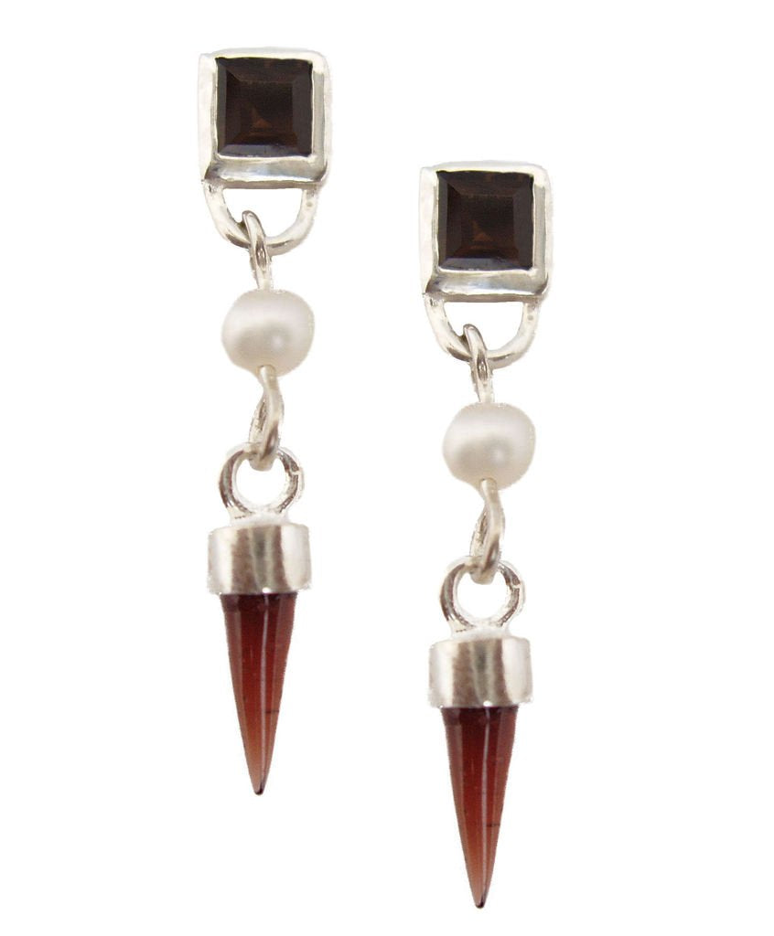 5mm Square Smoky Quartz, 3mm Round Pearl & 4x12mm Bulletl Garnet Earring by Energy Stone Jewelry