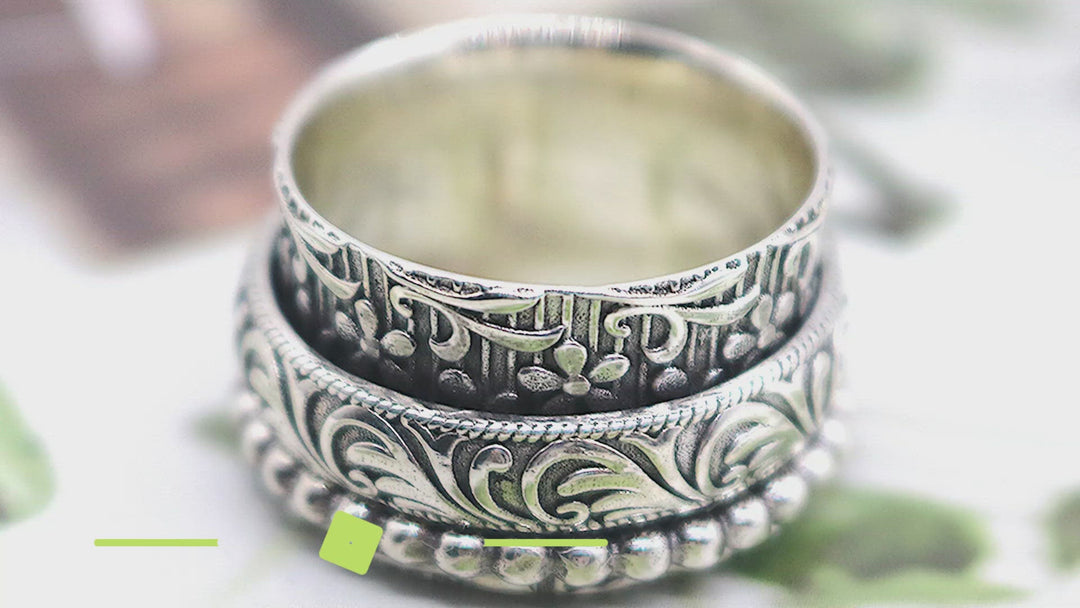 DANCER 925 Silver Fidget Spinner Ring Intricate Patterns Silver Base Ring Two Silver Spinner Bands