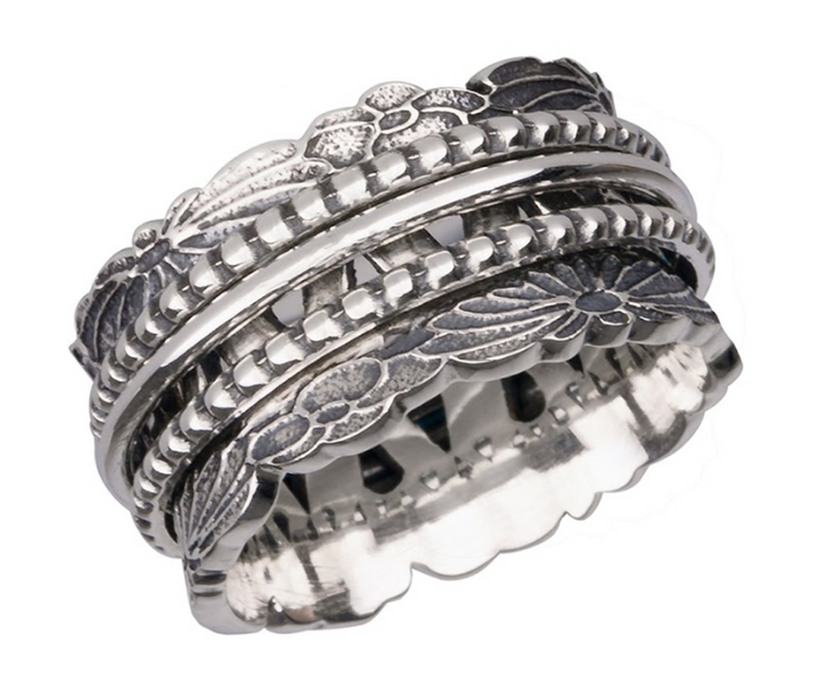Chrysanthemum sterling silver spinner ring, also known as a fidget ring