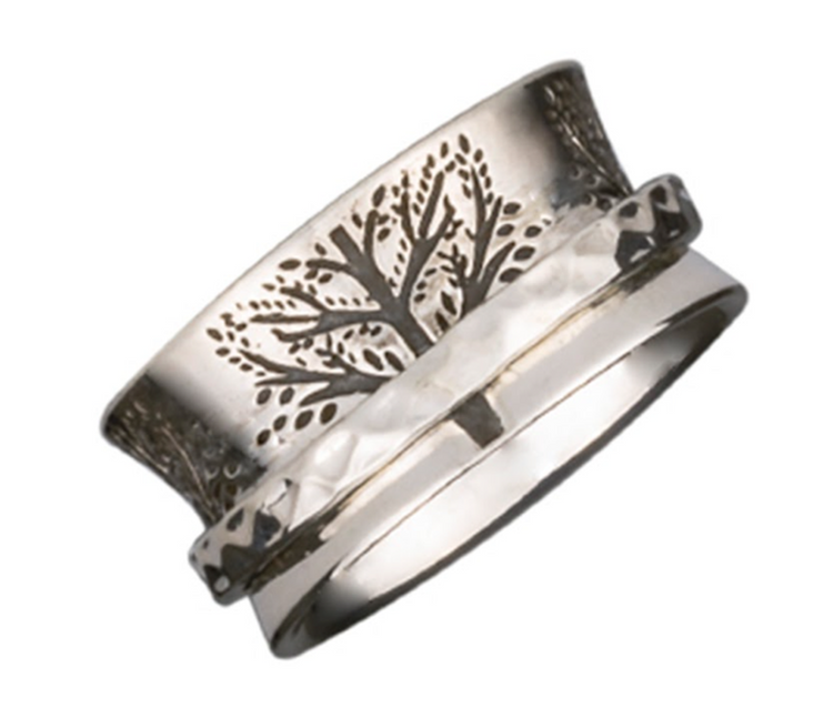 Fortitude spinner ring showing a silver spinner over engraved trees