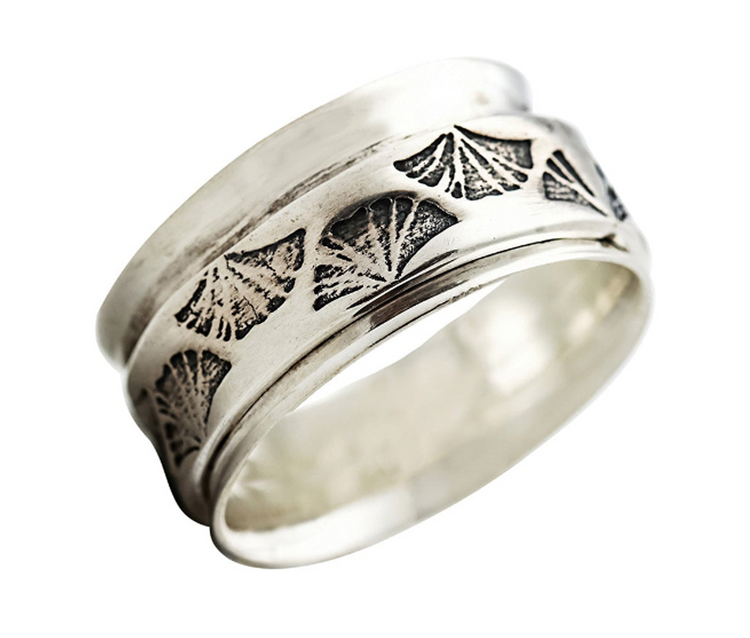 Ginkgo sterling silver spinner ring, also known as a fidget ring