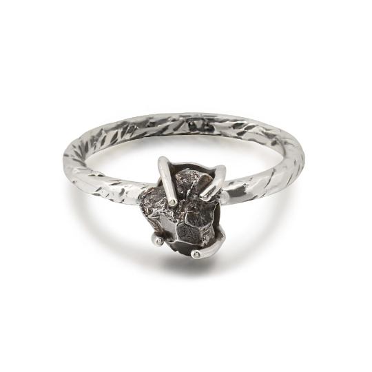 Sikhote-Alin Meteorite High Set Solitaire Sterling Silver Stacking Ring