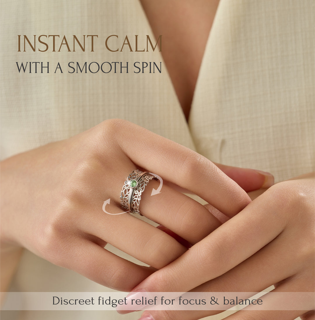 LEAF GARDEN 925 Silver Fidget Spinner Ring with Green Peridot Color Austrian Crystal Spinner