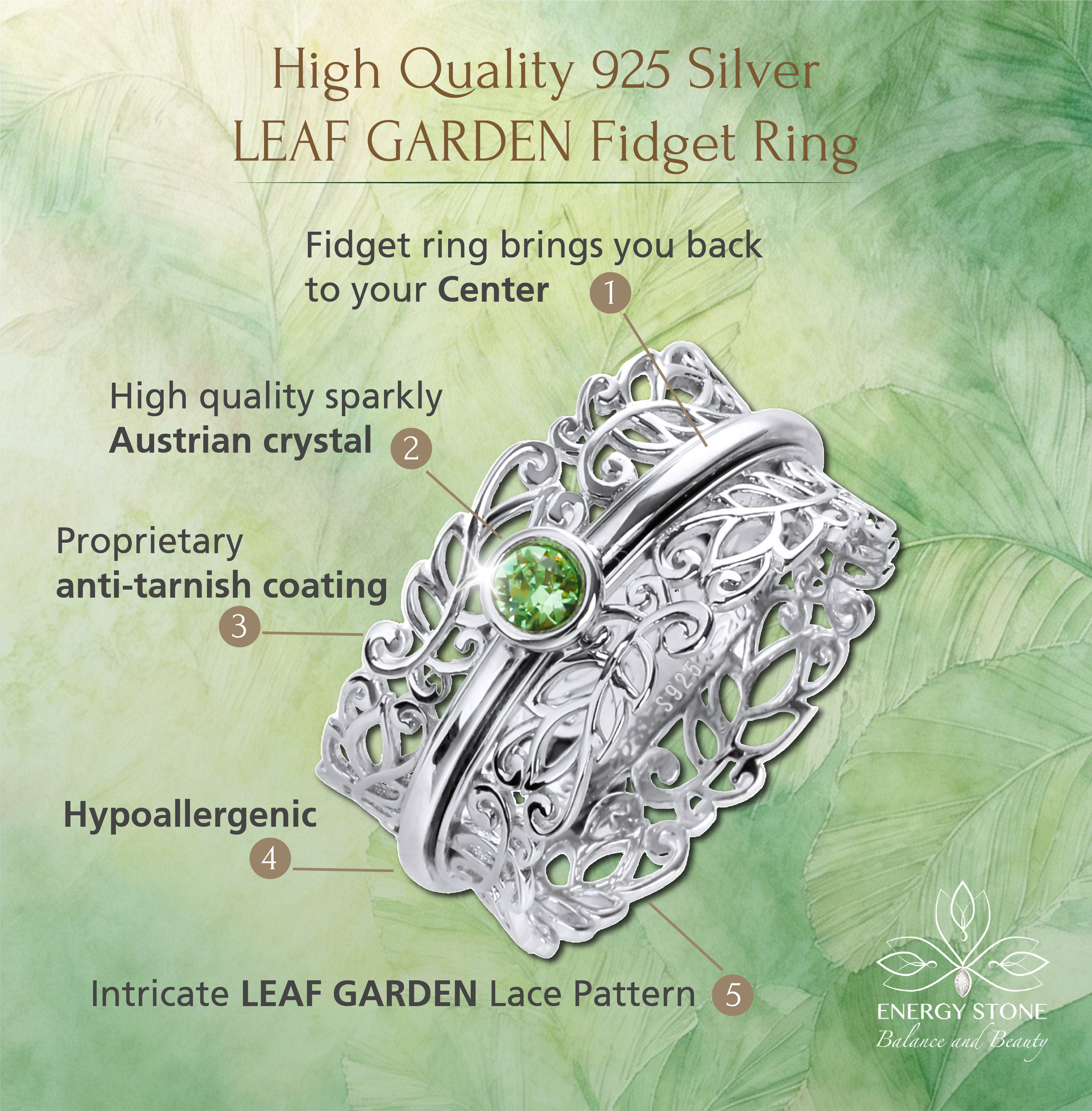 LEAF GARDEN Lace Fidget Ring with High Quality Light Sapphire