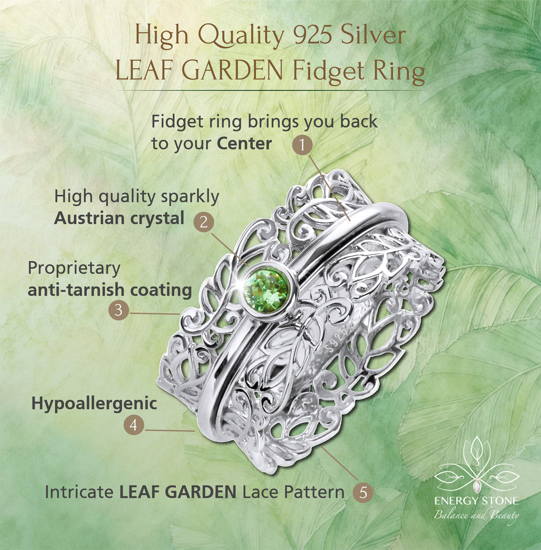 LEAF GARDEN 925 Silver Fidget Spinner Ring with Green Peridot Color Austrian Crystal Spinner