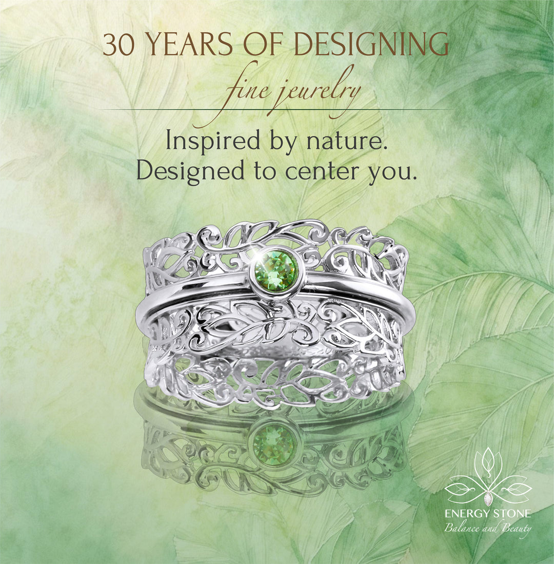LEAF GARDEN 925 Silver Fidget Spinner Ring with Green Peridot Color Austrian Crystal Spinner