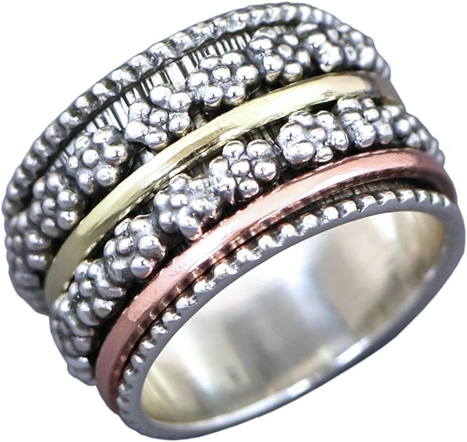 ENERGY STONE Daisy Sterling Silver Meditation Spinner Ring for Women with 4 Spinners in Silver Brass and Copper (Style US16)