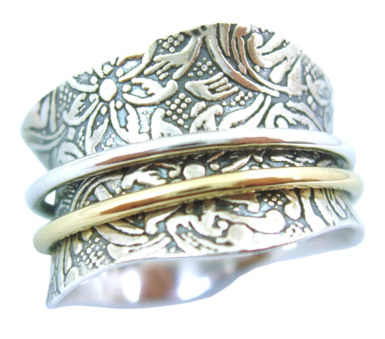 Energy Stone “TAPER” Silver Meditation Spinner Ring with 1 Brass and 1 Silver Spinners on Etched Floral Leaf Pattern Shank