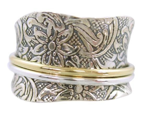 Energy Stone “TAPER” Silver Meditation Spinner Ring with 1 Brass and 1 Silver Spinners on Etched Floral Leaf Pattern Shank