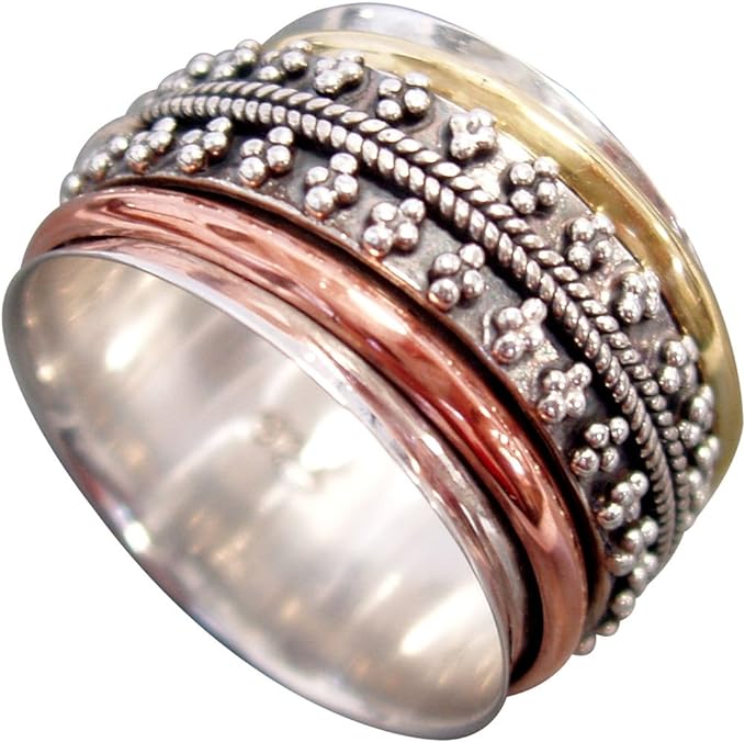 ENERGY STONE Tri-Color Articulated Beads Sterling Silver Meditation Spinner Ring with 1 Silver 1 Brass and 1 Copper Spinners (Style USA37)