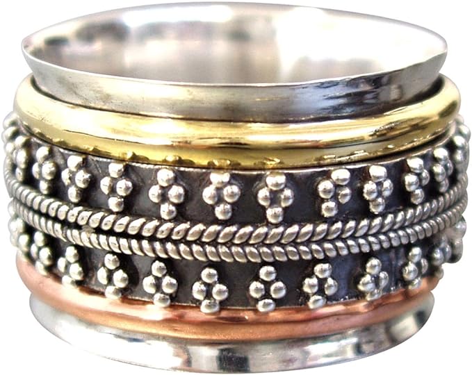 ENERGY STONE Tri-Color Articulated Beads Sterling Silver Meditation Spinner Ring with 1 Silver 1 Brass and 1 Copper Spinners (Style USA37)