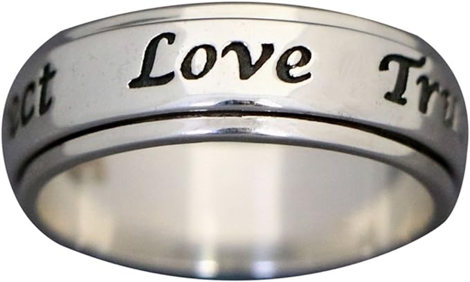 FRIENDSHIP 925 Silver Narrow Band Fidget Spinner Ring Trust Love Respect