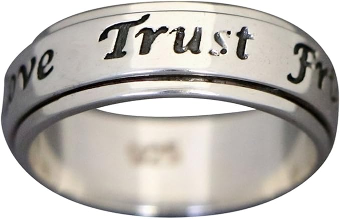 FRIENDSHIP 925 Silver Narrow Band Fidget Spinner Ring Trust Love Respect