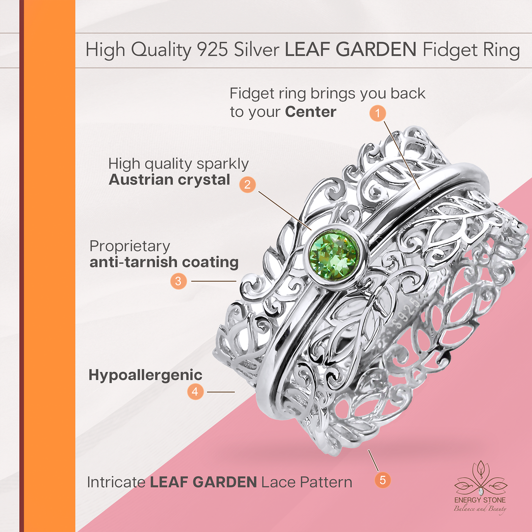 LEAF GARDEN 925 Silver Fidget Ring Silver Lacework  Anti-Tarnish Soothing Peridot Green Austrian Crystal