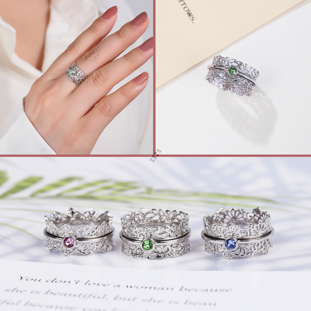 LEAF GARDEN 925 Silver Fidget Ring Silver Lacework  Anti-Tarnish Soothing Peridot Green Austrian Crystal