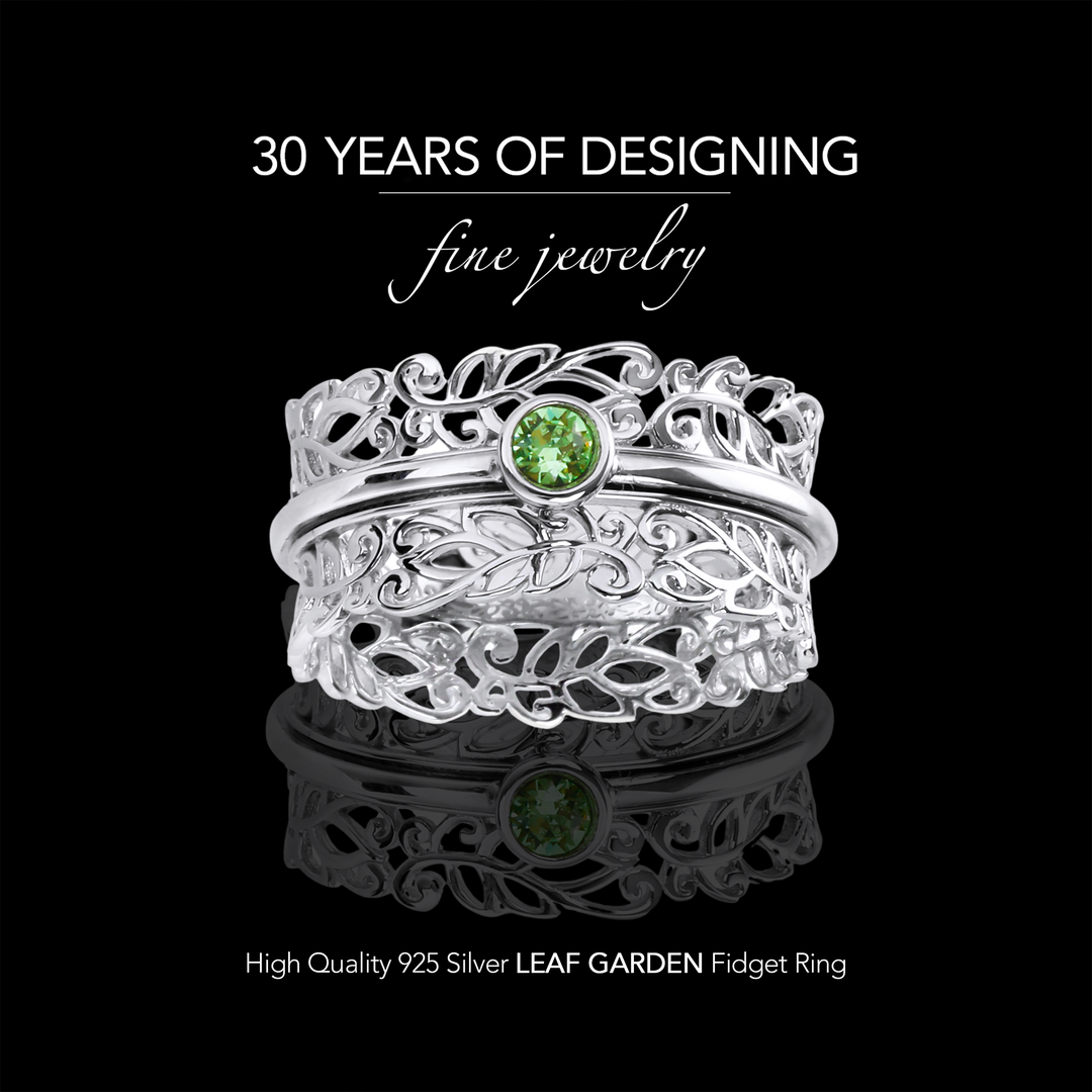 LEAF GARDEN 925 Silver Fidget Ring Silver Lacework  Anti-Tarnish Soothing Peridot Green Austrian Crystal