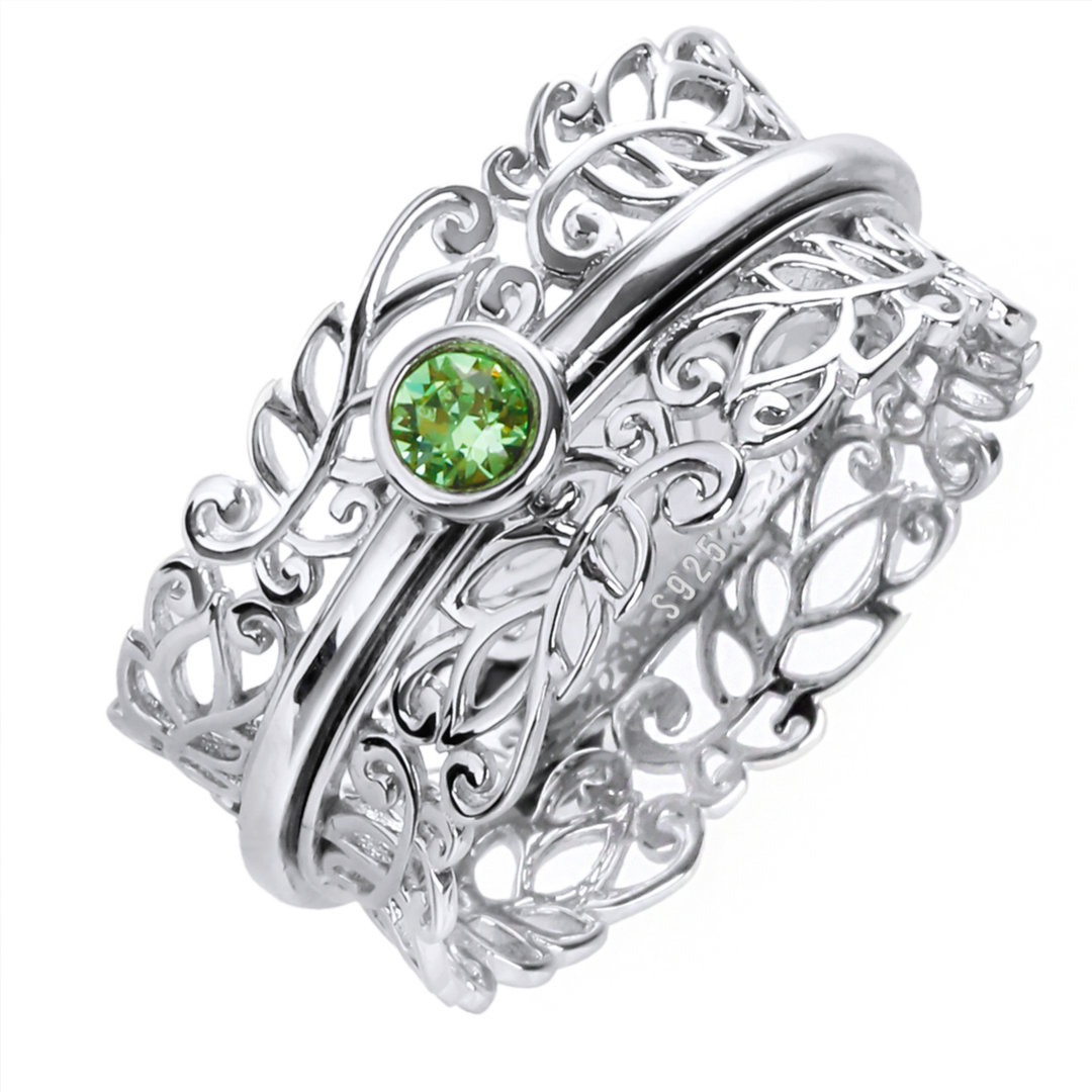 LEAF GARDEN 925 Silver Fidget Ring Silver Lacework  Anti-Tarnish Soothing Peridot Green Austrian Crystal