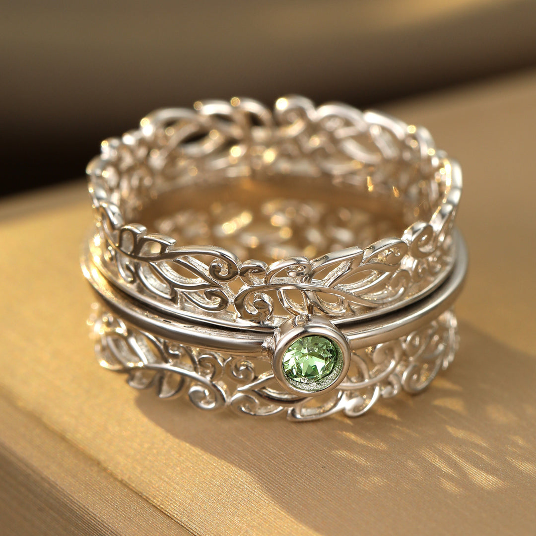 LEAF GARDEN 925 Silver Fidget Ring Silver Lacework  Anti-Tarnish Soothing Peridot Green Austrian Crystal