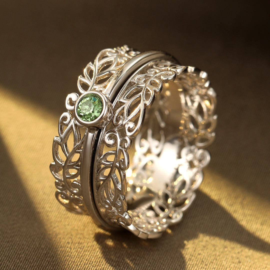 LEAF GARDEN 925 Silver Fidget Ring Silver Lacework  Anti-Tarnish Soothing Peridot Green Austrian Crystal