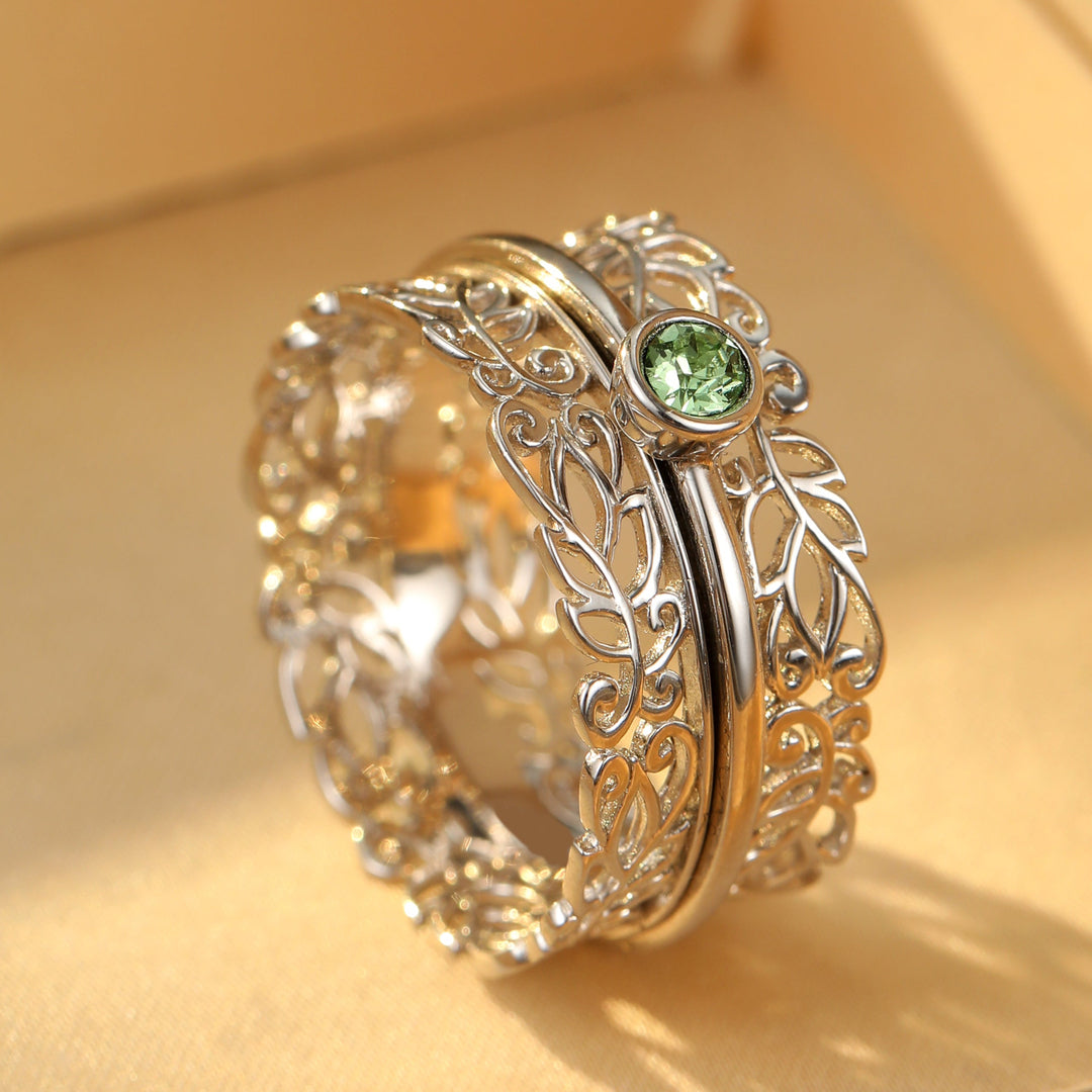 LEAF GARDEN 925 Silver Fidget Ring Silver Lacework  Anti-Tarnish Soothing Peridot Green Austrian Crystal